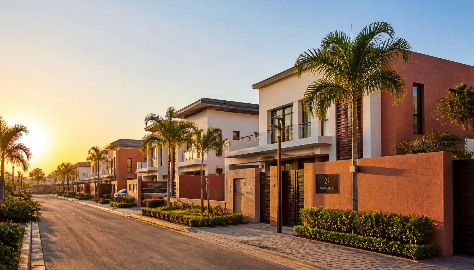 Quartier résidentiel moderne en Afrique de l'Ouest au coucher du soleil